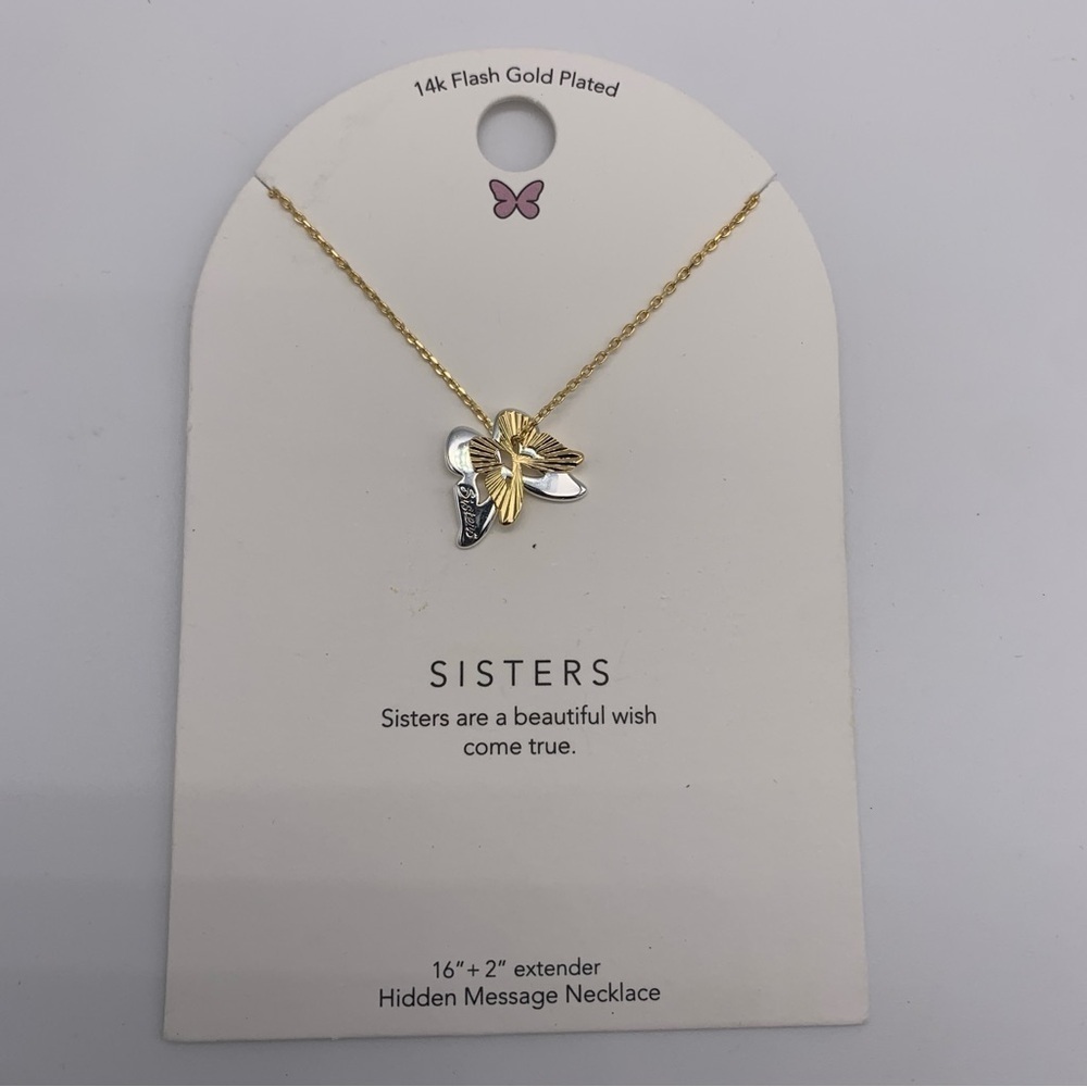 Sisters Hidden Message Necklace 14k Gold Plated 16in + extender